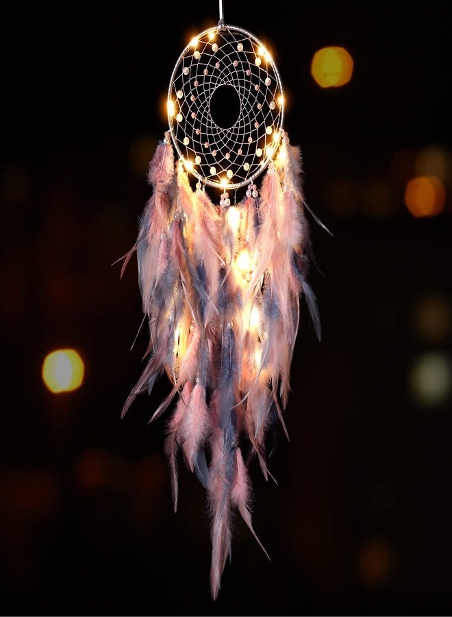 KHOYIME LED Dream Catcher Light Up Handmade Feather Dreamcatchers Boho Wall Hanging for Girls Kids Bedroom Bohemian Home Decor Wedding Ornament Craft Gift (Pink&Grey) - Image 2